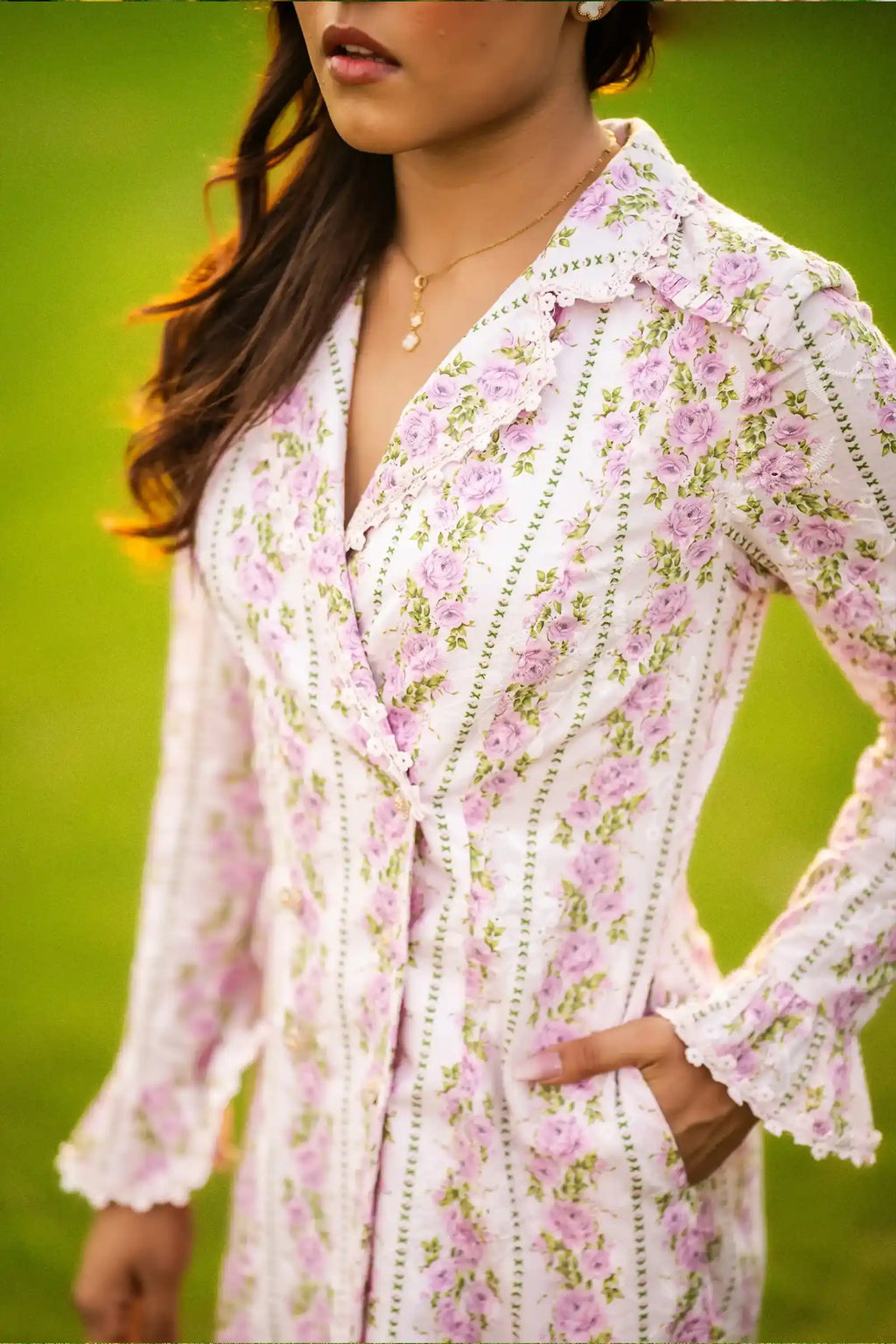pink floral lace mini dress with long sleeves