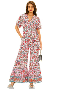 Pink Floral Collared Half-Sleeve Belted Wide-Leg Jumpsuit
