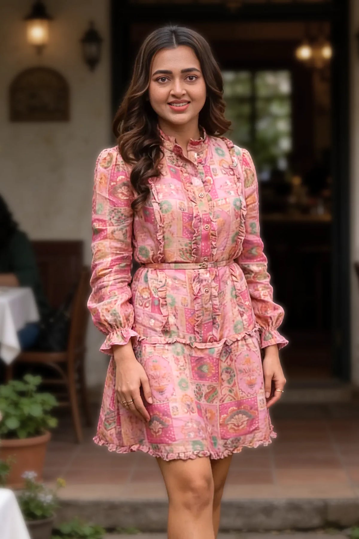 Tejasswi Prakash wearing pink floral jacquard ruffle belted mini dress with long sleeves at restaurant; women's occasion wear dress