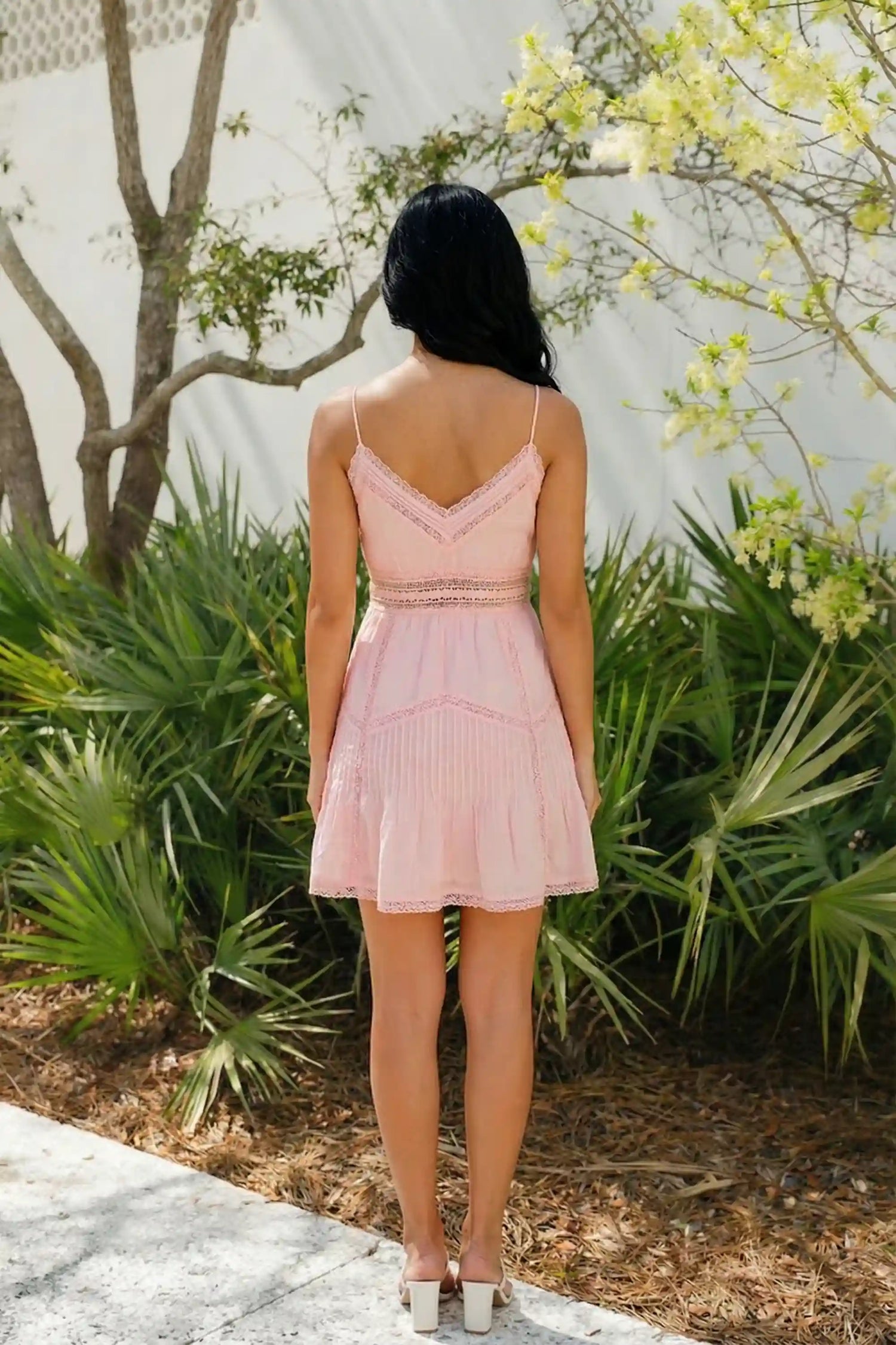 Pretty Pixie pink lace trim pleated wrap v-neck slip mini dress back view open v back