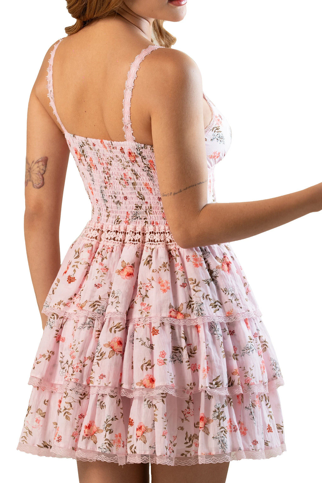 Back closeup: pink floral mini dress with smocked back, lace straps