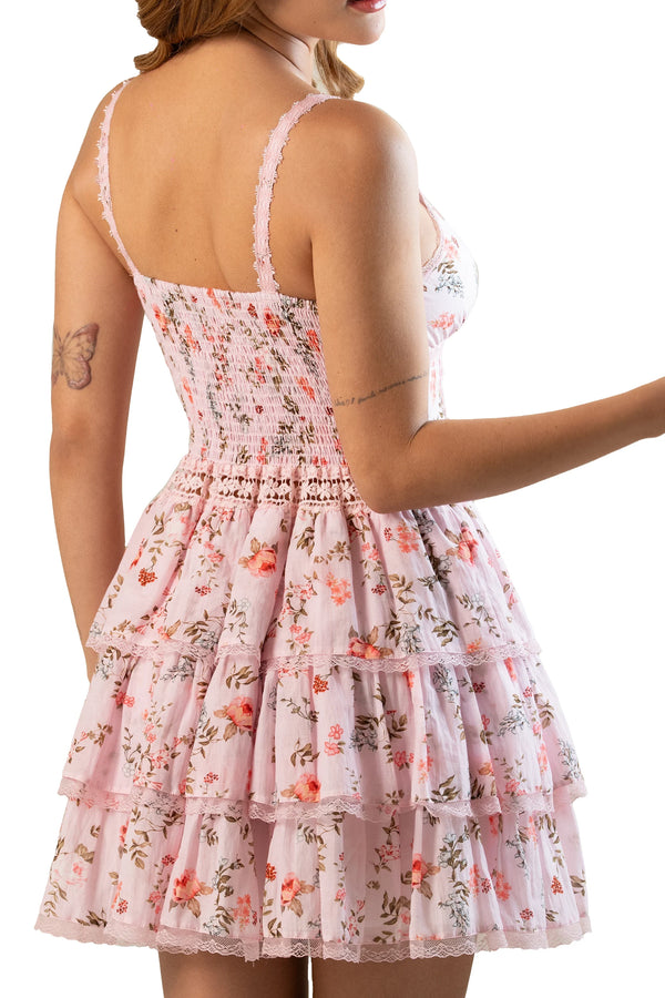 Blush Pink Floral Lace Corset Tiered Mini Dress — view 3