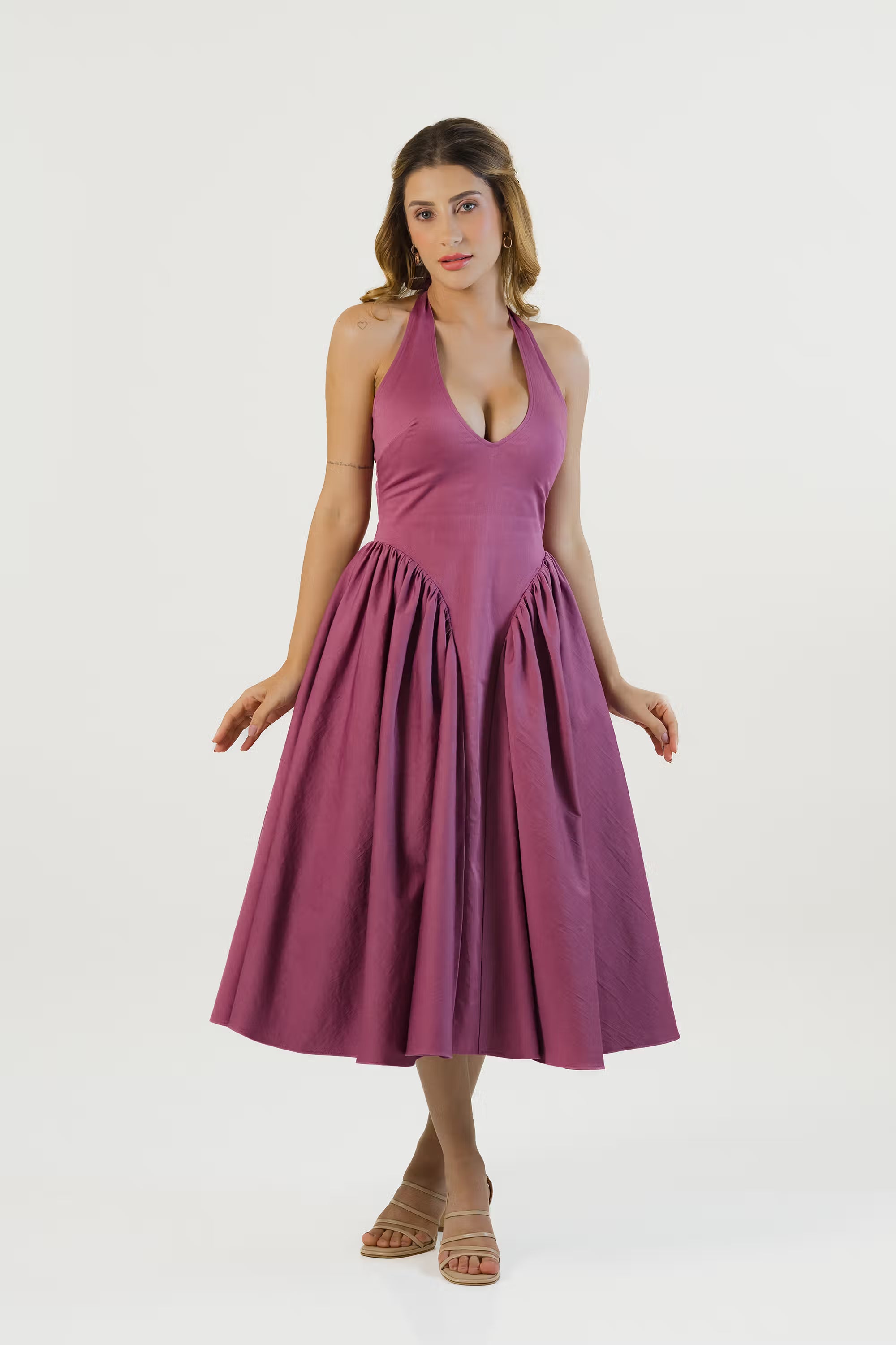 Plum halter neck midi dress front view, sleeveless fit and flare design.