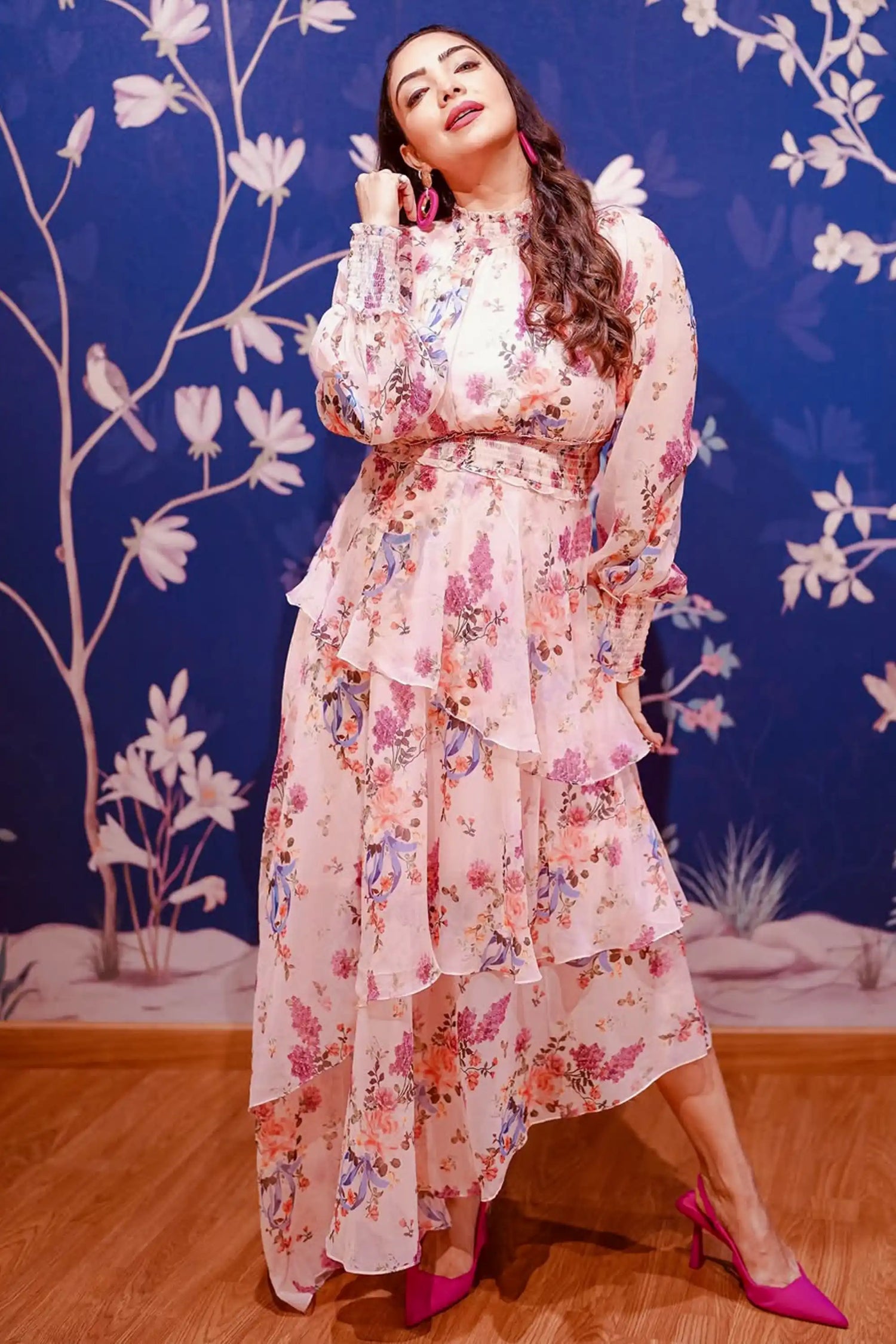 Pooja Banerjee in blush pink floral chiffon maxi dress