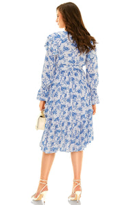 Powder blue floral midi dress back view with flowy skirt