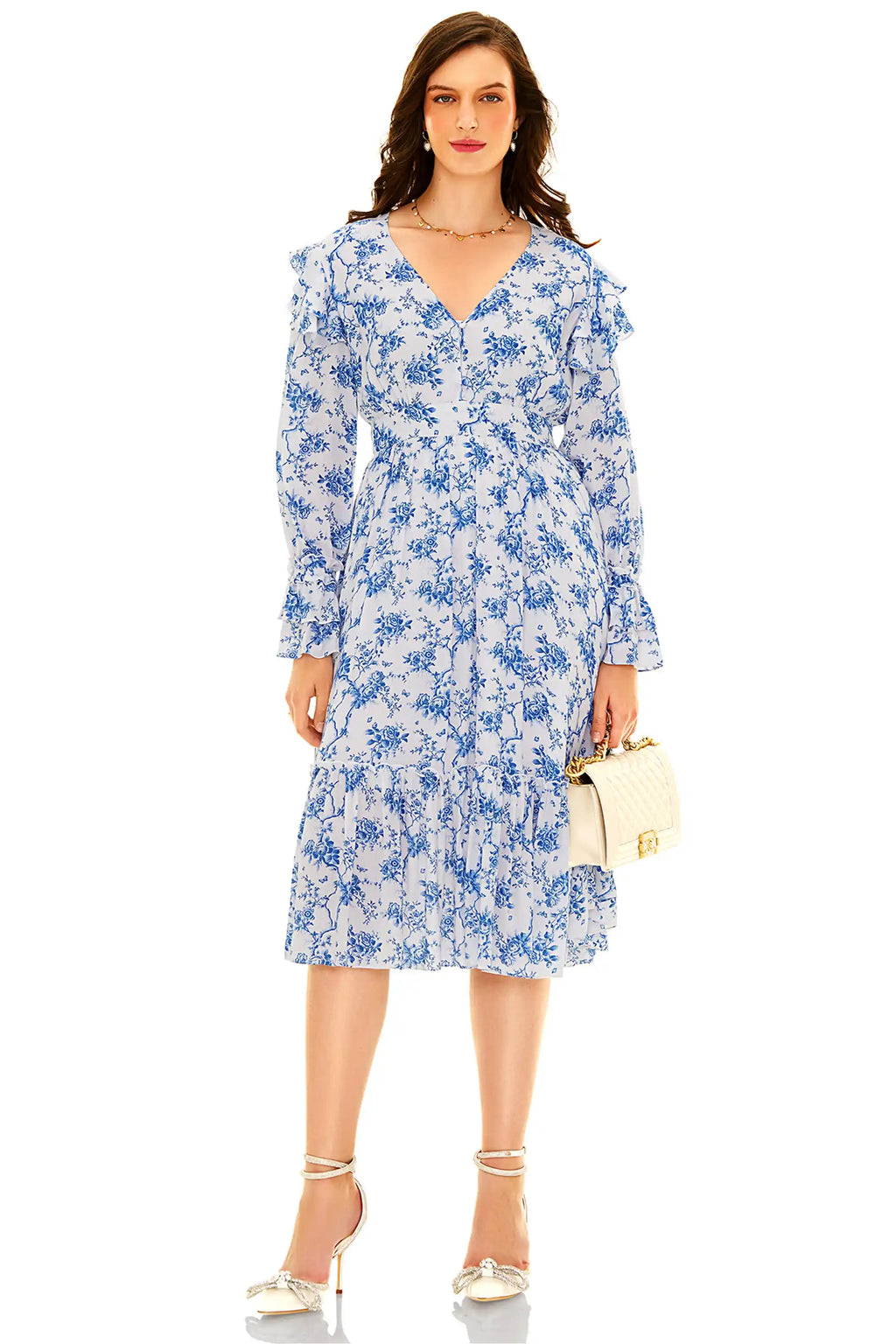 Powder blue floral midi dress front view with v-neckline