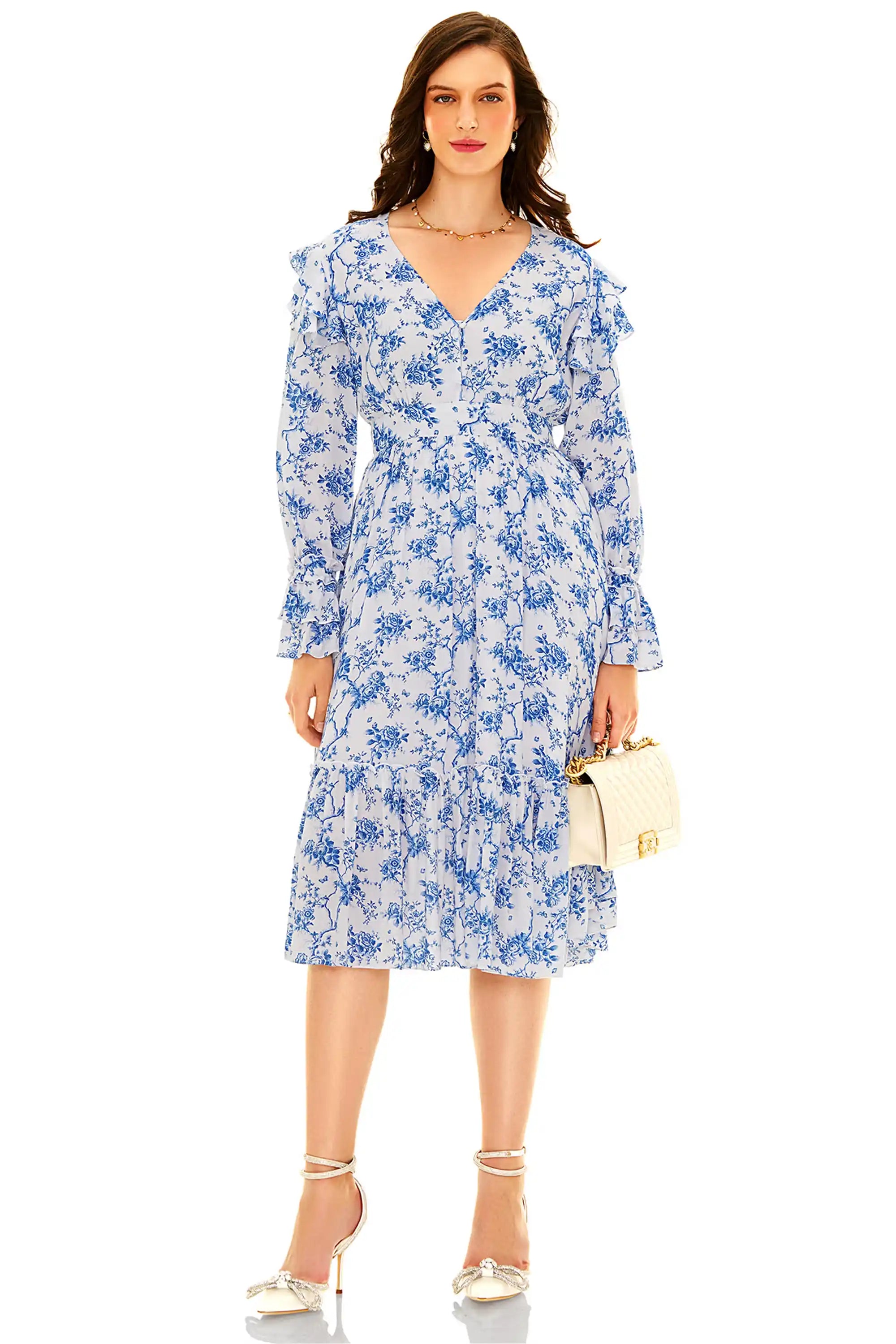 Powder blue floral midi dress front view with v-neckline