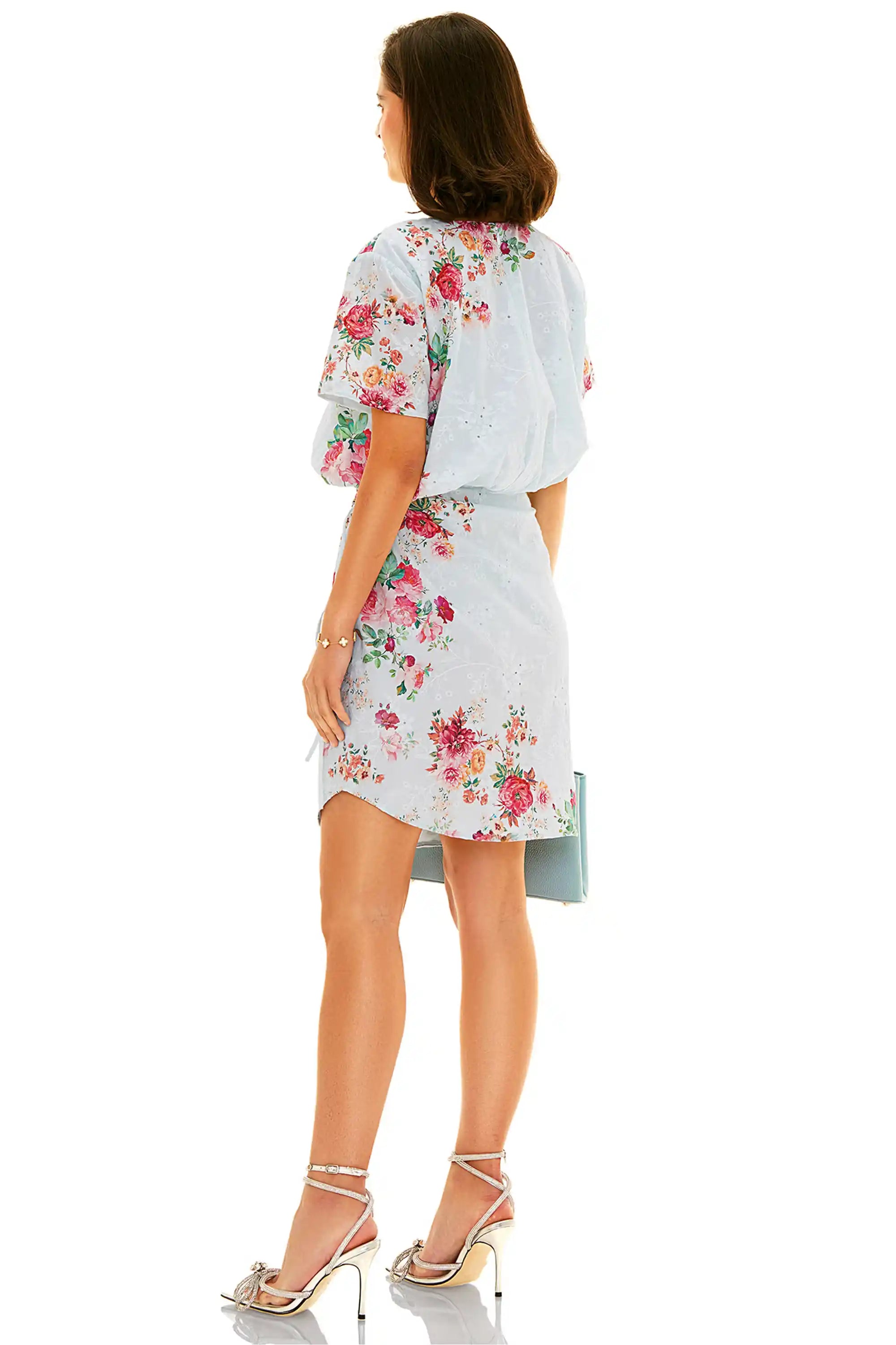 Powder blue floral mini dress with floral print and back view style