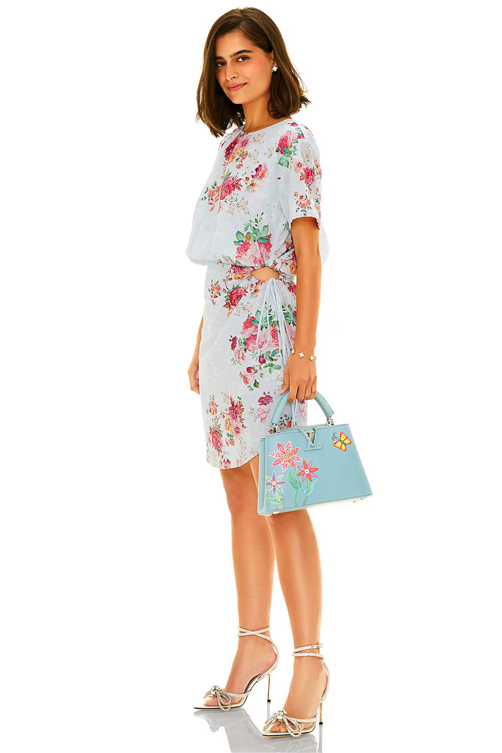 Powder blue floral mini dress with short sleeves and tie detail side view
