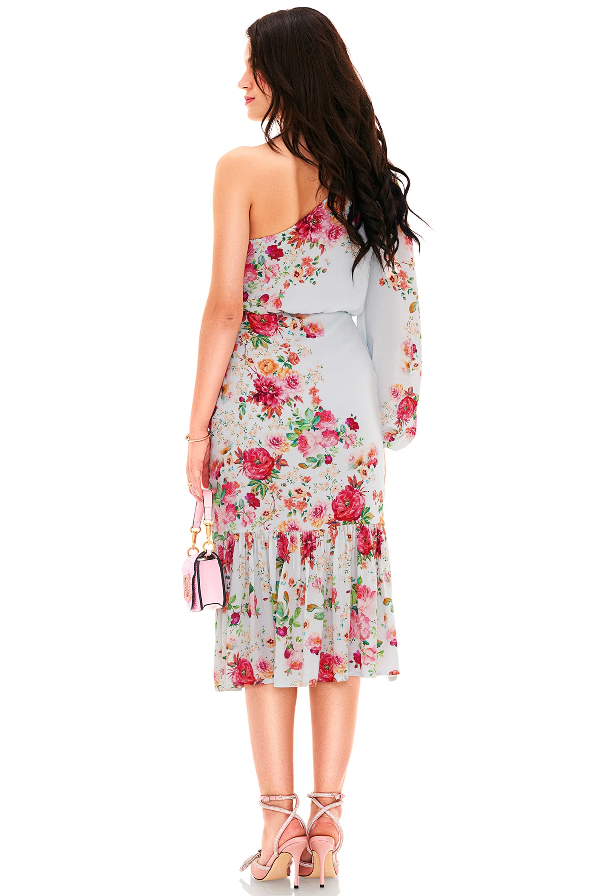 Powder blue floral one-shoulder asymmetric midi dress with belted waist, back view
