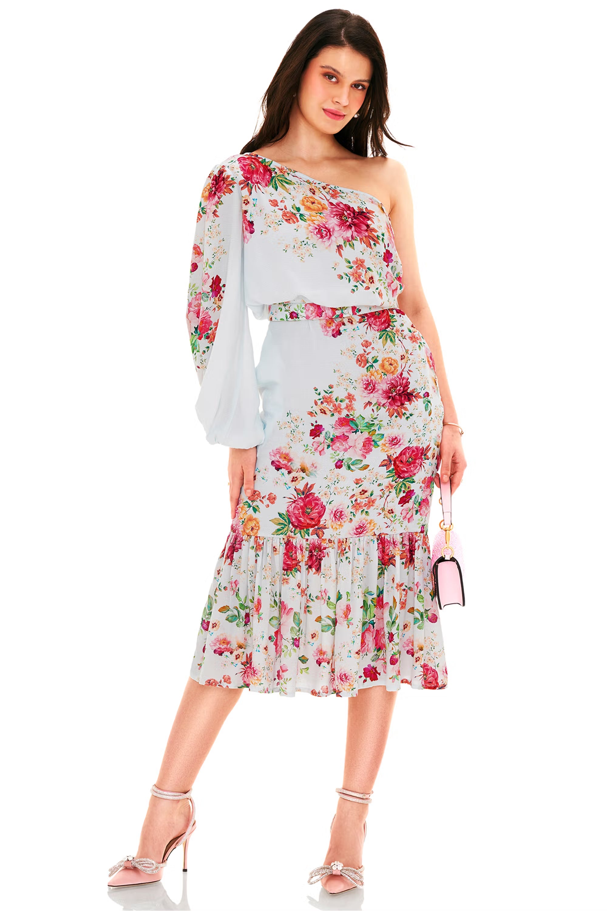 Powder blue floral one-shoulder asymmetric midi dress with belted waist, front view