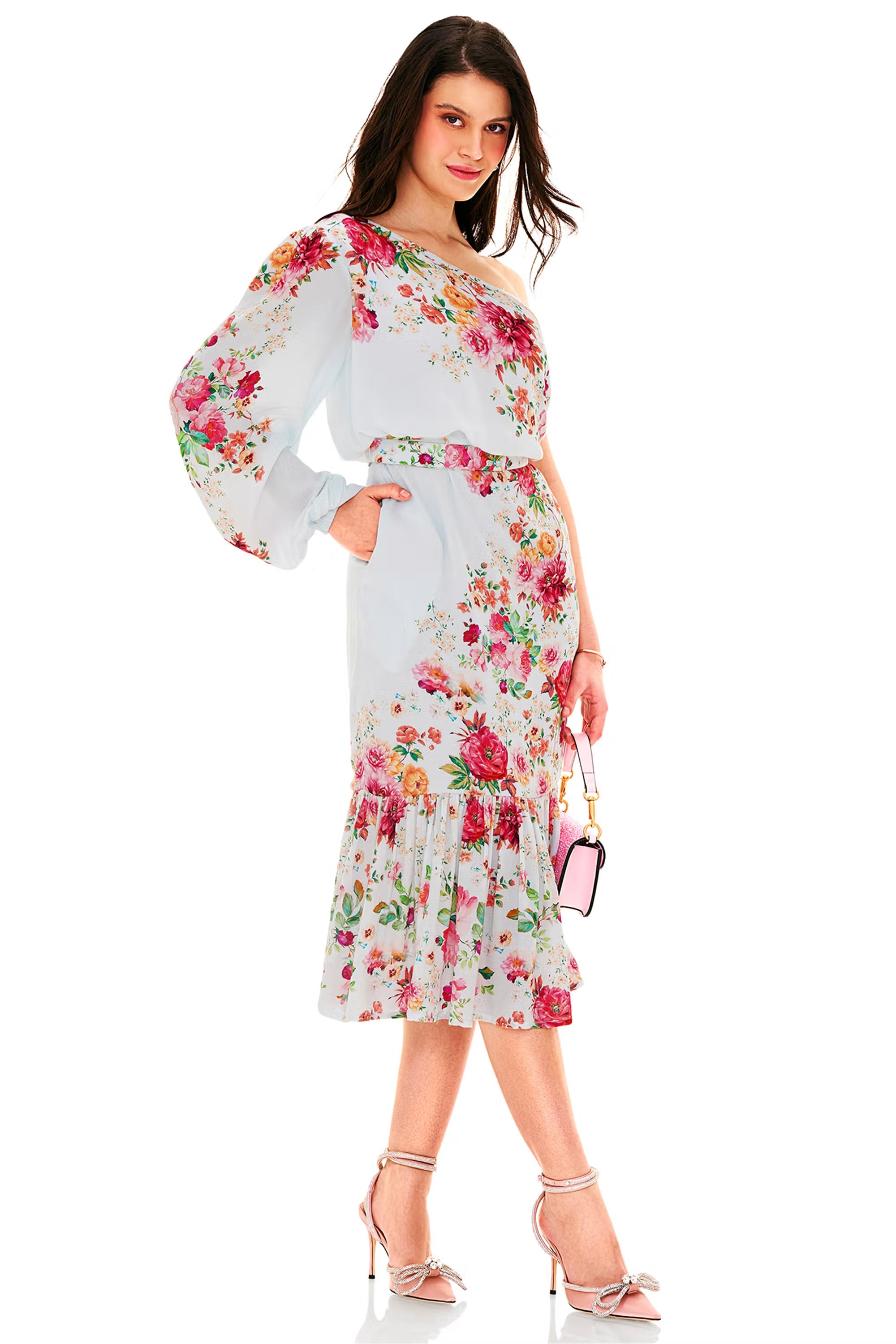 Powder blue floral one-shoulder asymmetric midi dress with belted waist, side view