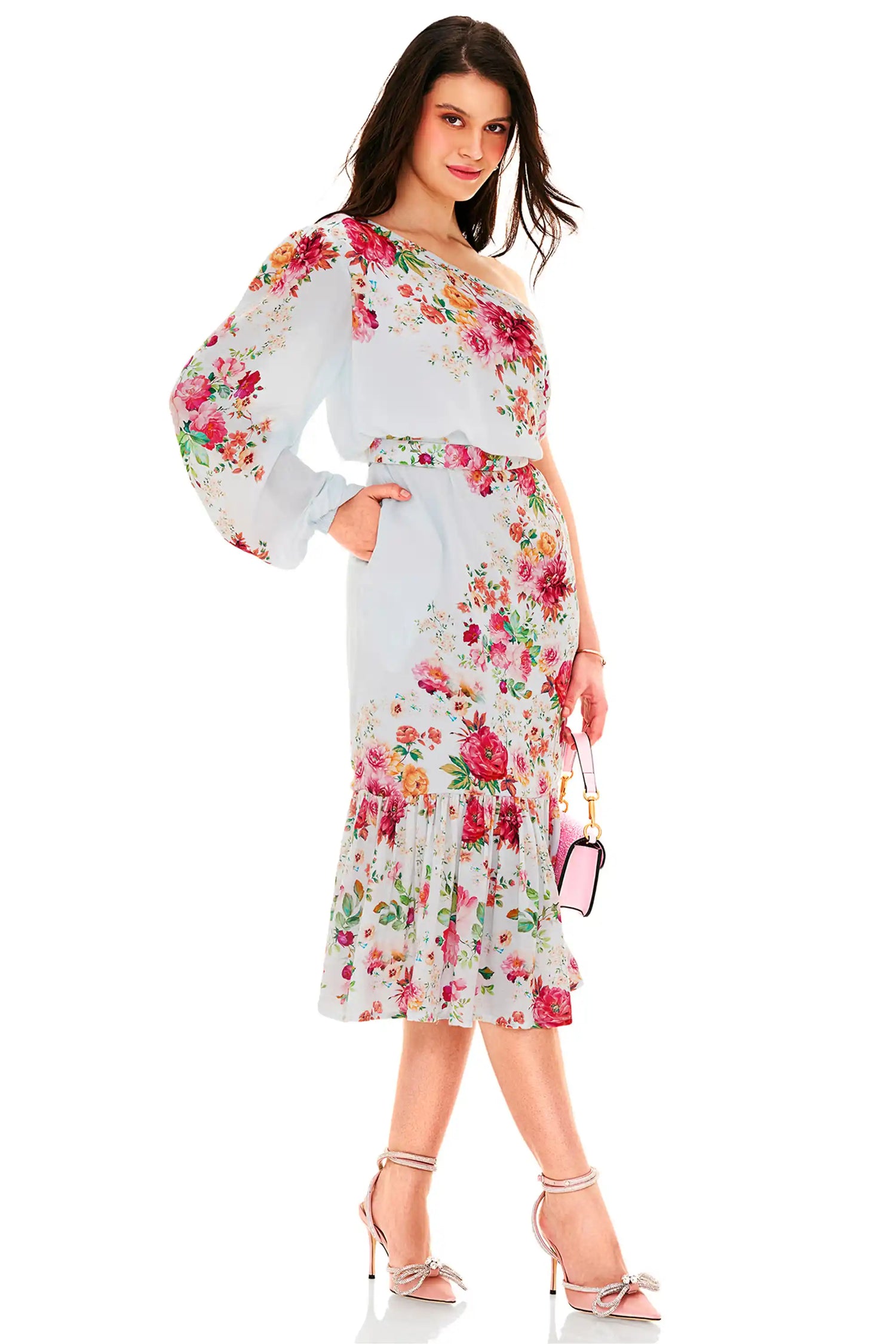 Powder blue floral one-shoulder asymmetric midi dress side view