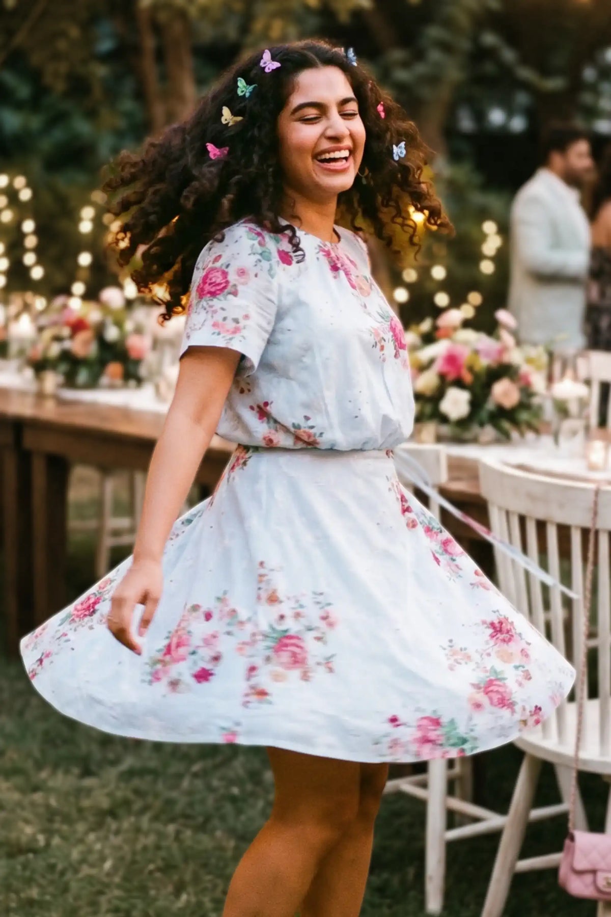 Woman twirling at an outdoor garden party wearing Pretty Pixie's powder blue floral tie-waist mini dress