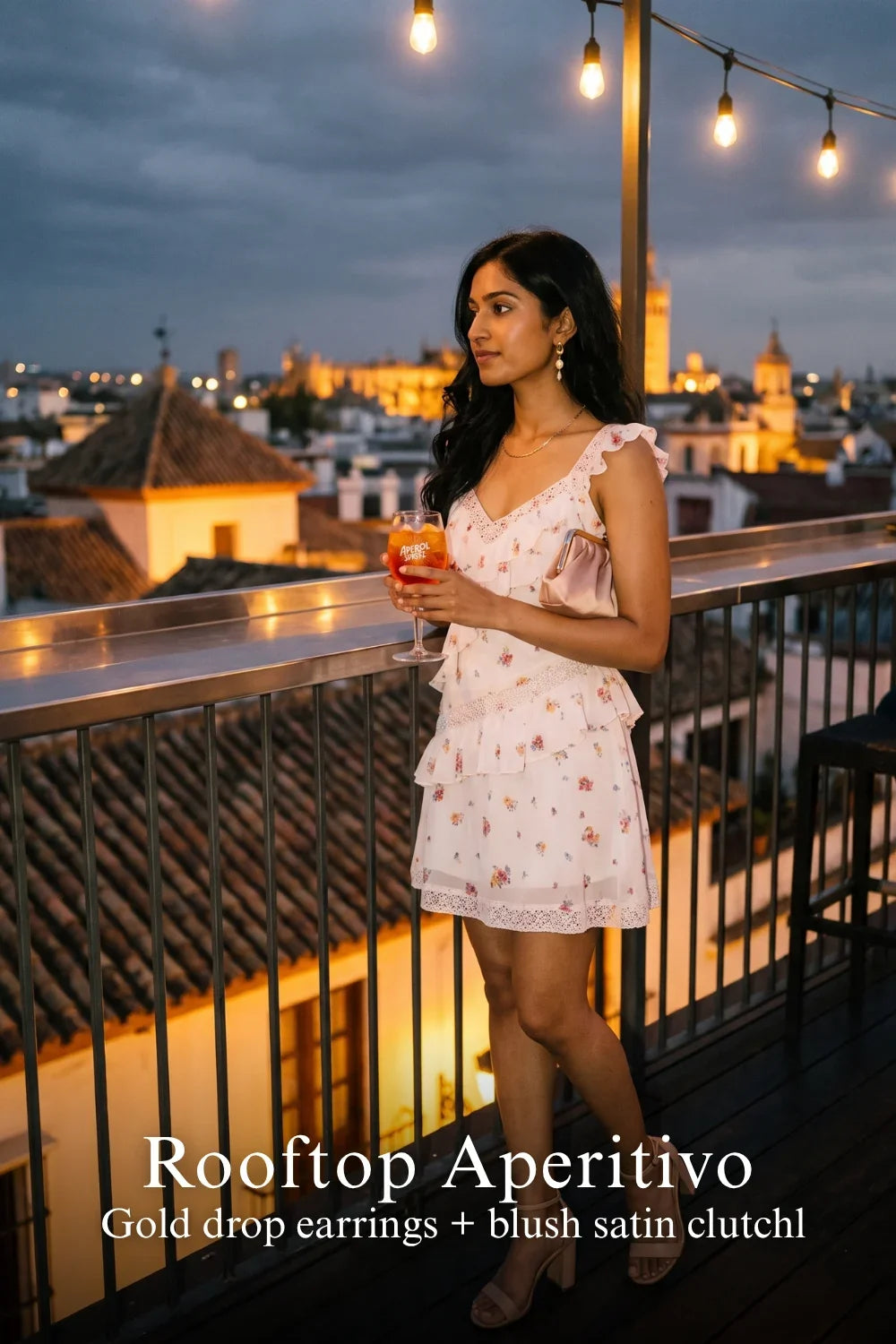 Pretty Pixie prairie rose lace ruffle mini dress for rooftop evening look.