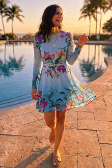 Aqua Ombre Floral Belted Long-Sleeve Mini Dress