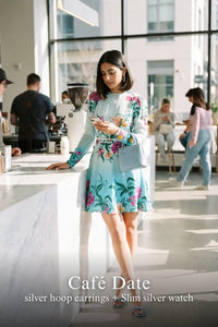 Pretty Pixie aqua ombre floral belted long-sleeve mini dress styled for a cafe date