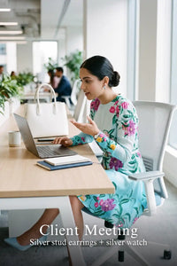 Pretty Pixie aqua ombre floral belted long-sleeve mini dress styled for a client meeting