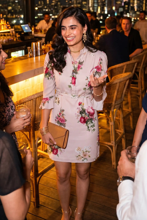 Woman smiling at a rooftop bar wearing Pretty Pixie's beige garden rose puff-sleeve belted mini dress
