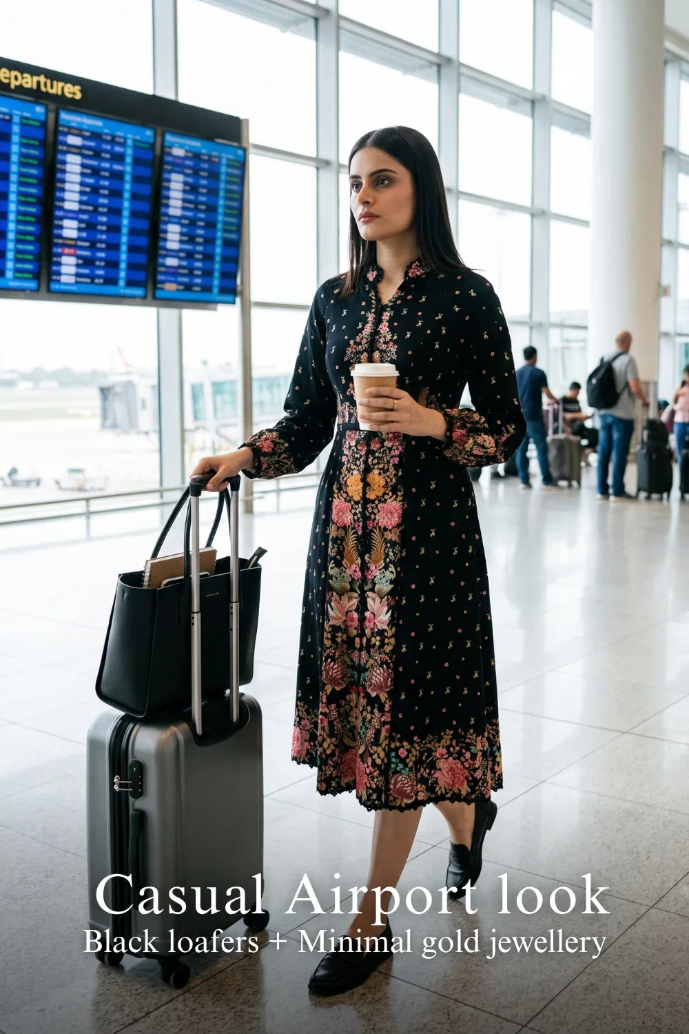 Pretty Pixie twilight garden black floral belted dress for casual airport look.