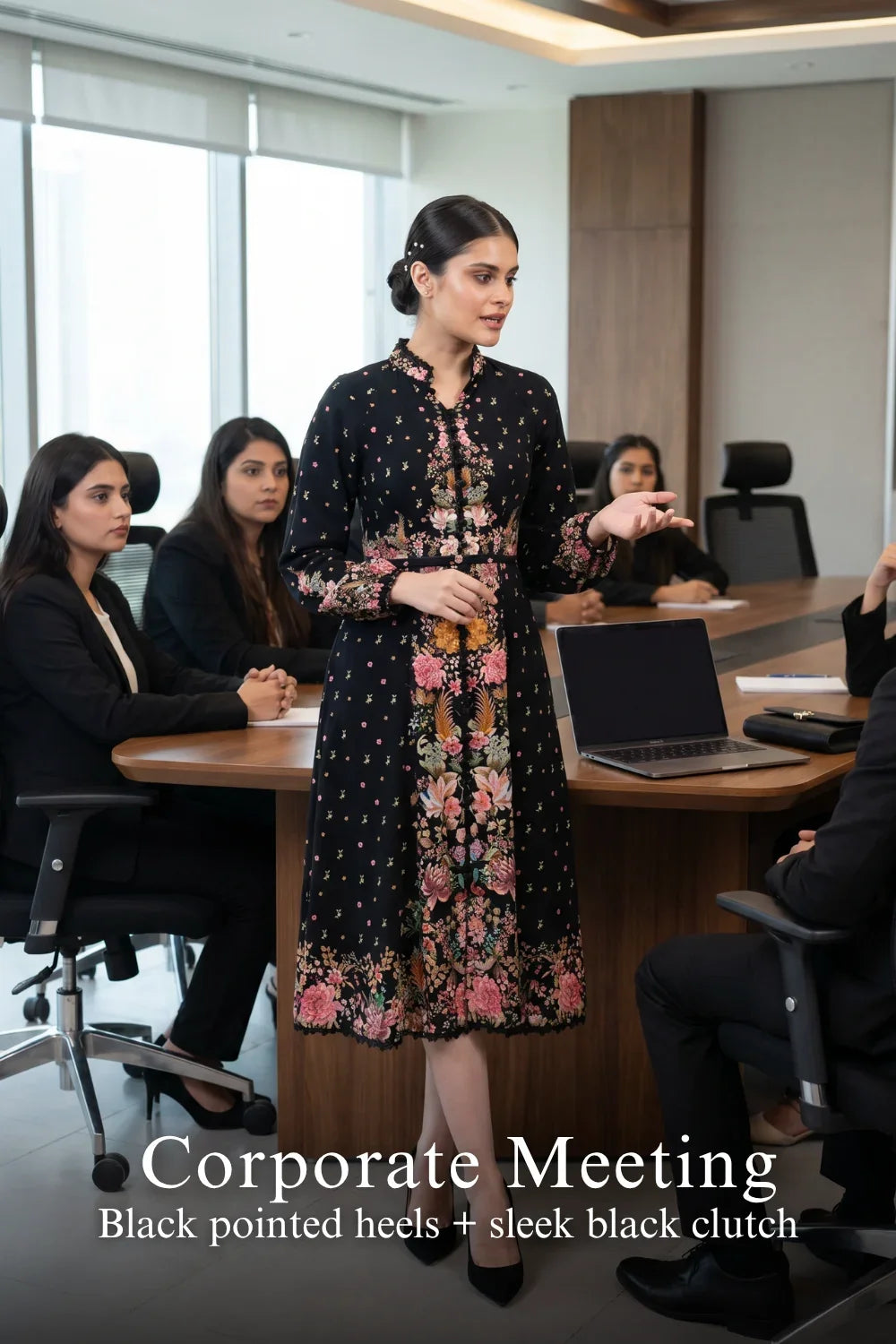 Pretty Pixie twilight garden black floral belted dress for corporate meeting.