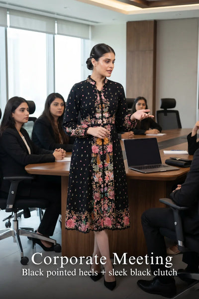 Pretty Pixie twilight garden black floral belted dress for corporate meeting.