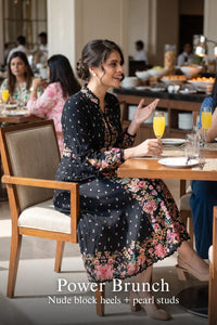 Pretty Pixie twilight garden black floral belted midi dress for power brunch.