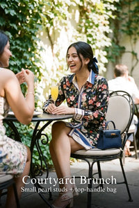 Pretty Pixie black floral belted shirt dress for courtyard brunch.