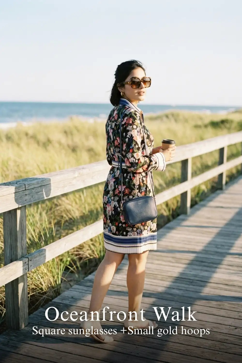 Pretty Pixie black floral belted shirt dress for oceanfront walk.