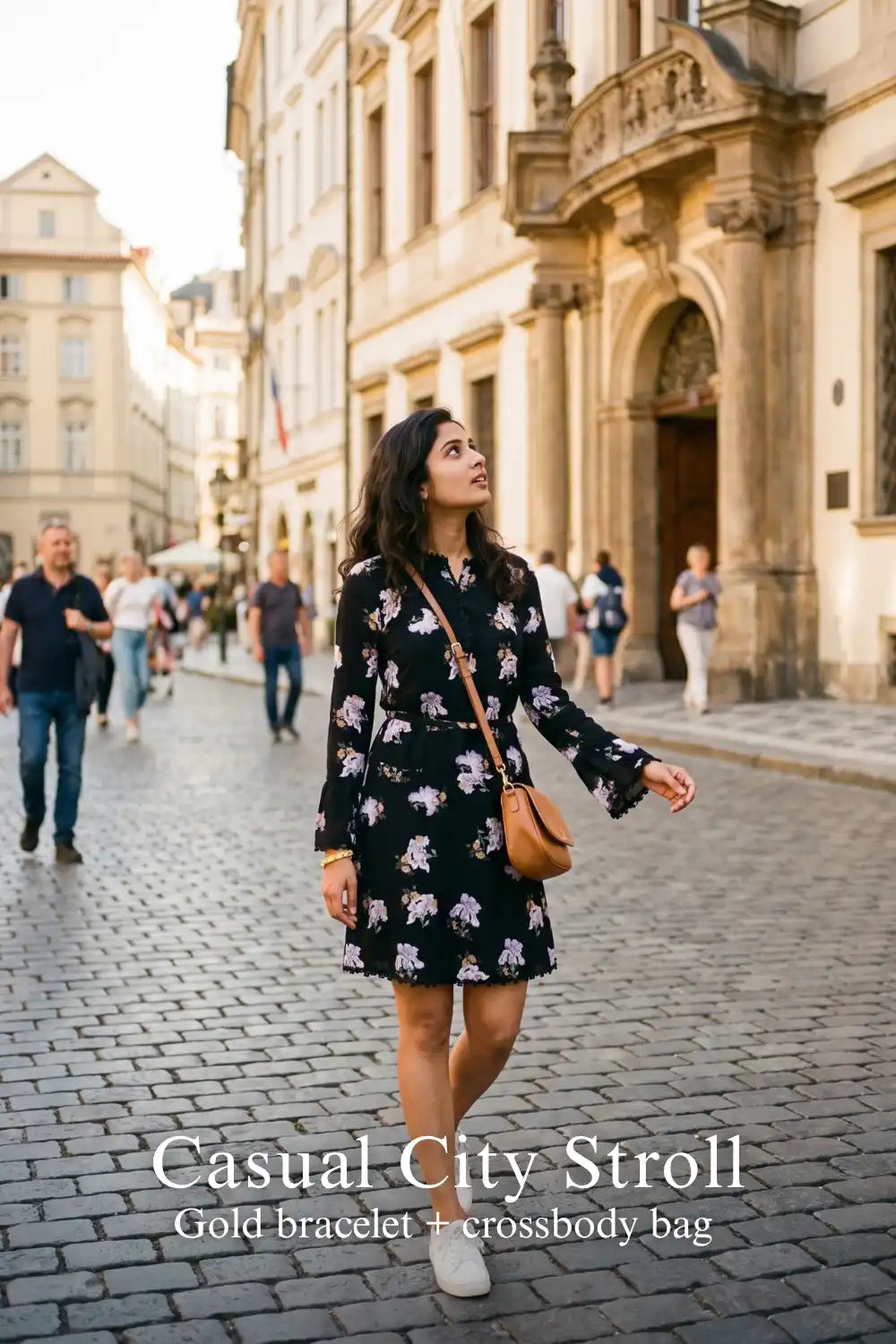 Woman in Pretty Pixie midnight iris floral belted long-sleeve mini dress styled for a casual city stroll