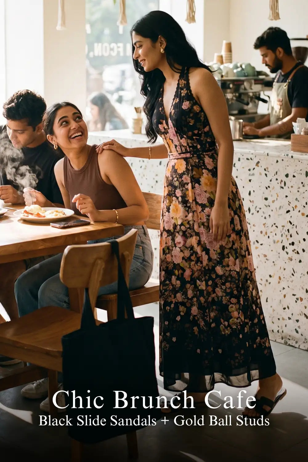 Woman in black floral halter maxi dress with gold ball stud earrings and black tote bag smiling at friends in cafe - Pretty Pixie brunch wear