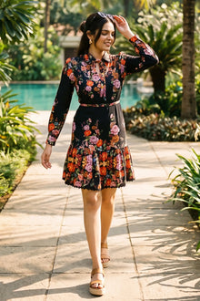 Black Floral High-Neck Belted Long-Sleeve Mini Dress