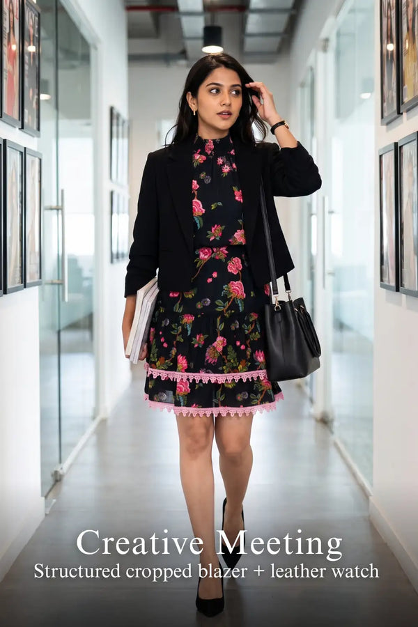 Noir Floral High-Neck Puff-Sleeve Mini Dress — view 3