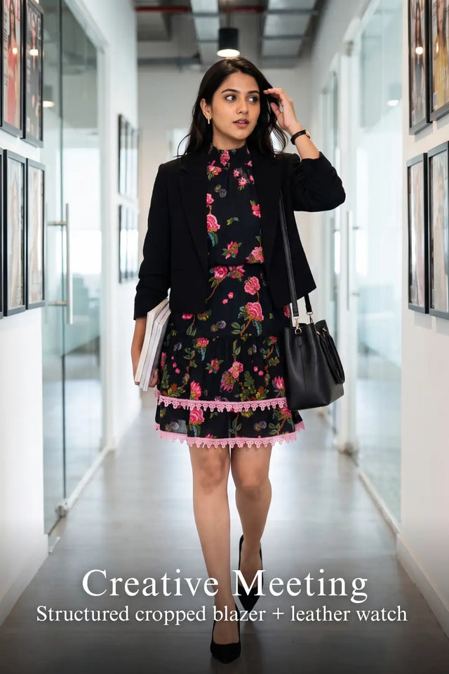 Noir Floral High-Neck Puff-Sleeve Mini Dress — verified customer review photo