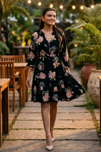 Woman walking in black floral long-sleeve tiered button-down dress on lantern-lit garden path at dusk - Pretty Pixie evening wear