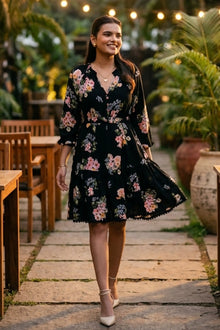 Black Floral Long-Sleeve Tiered Button-Down Dress