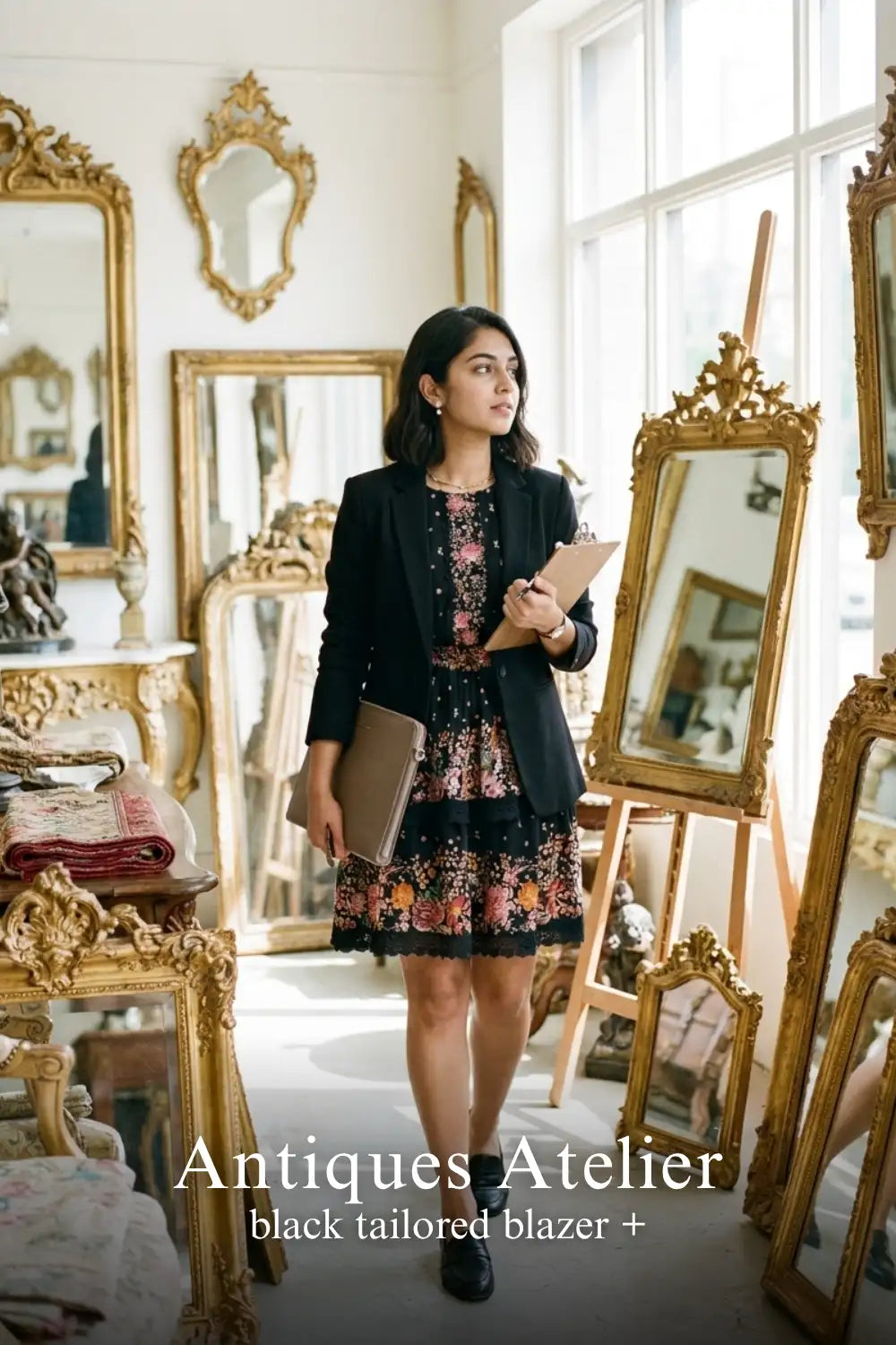 Pretty Pixie black floral smocked waist ruffle mini dress for antiques atelier.