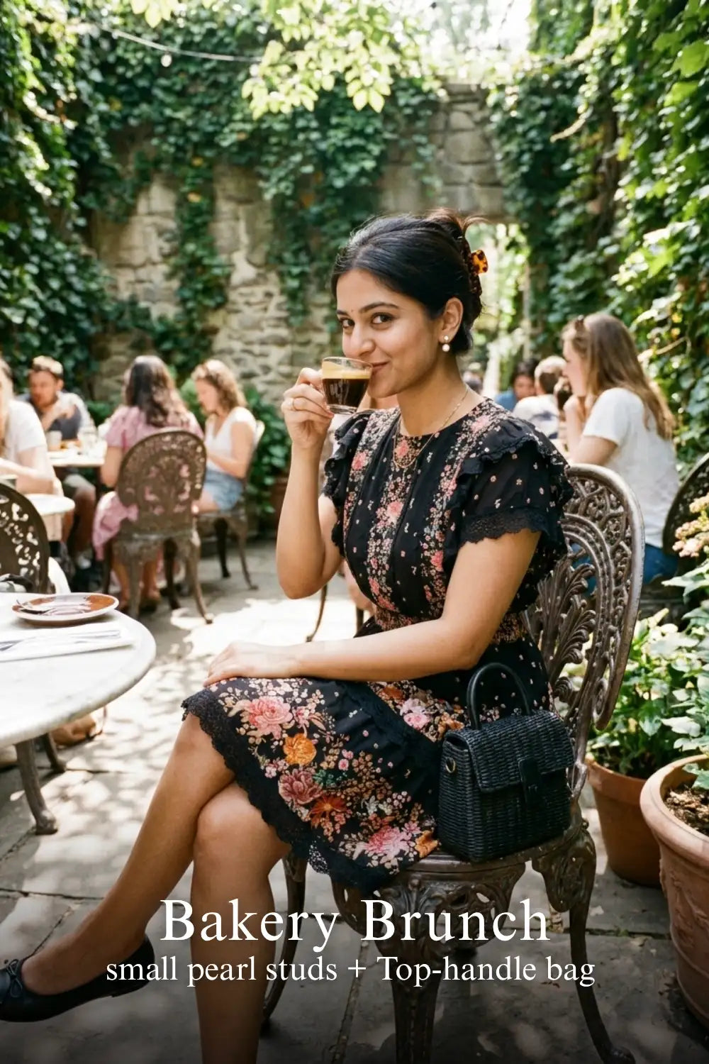Pretty Pixie black floral smocked waist ruffle mini dress for bakery brunch.