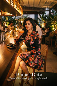 Pretty Pixie black floral high-neck belted long-sleeve dress for dinner date.