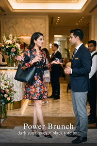 Pretty Pixie black floral high-neck belted long-sleeve dress for power brunch.