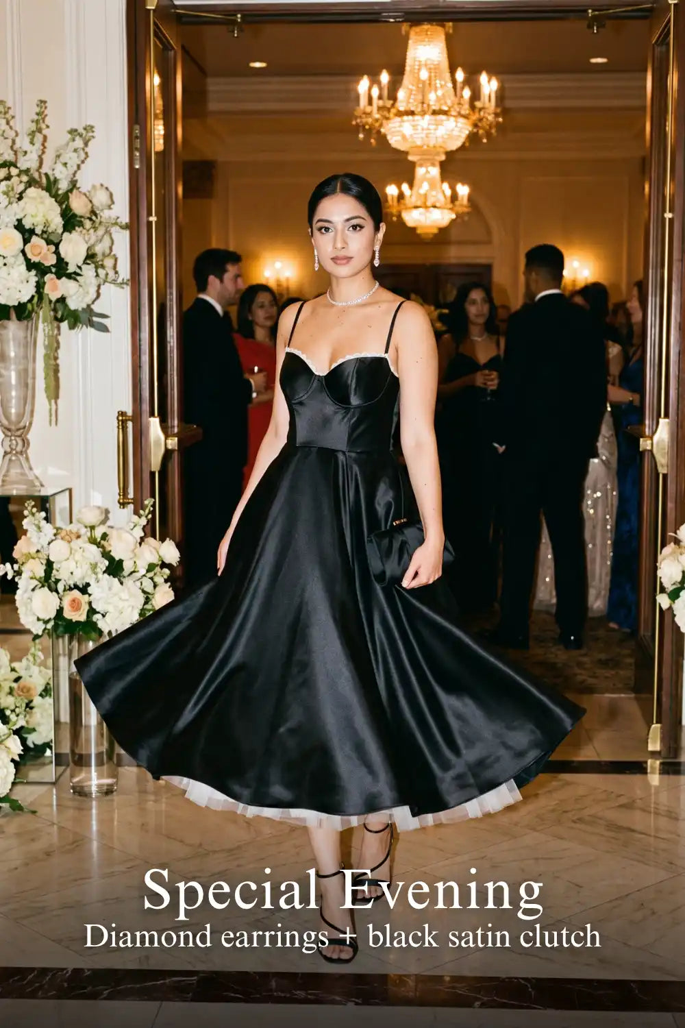 Black Satin Corset Midi Dress with Tulle Hem