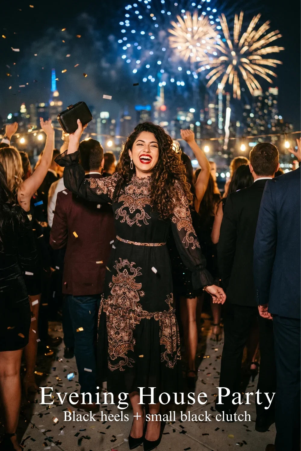 Woman in Pretty Pixie navy paisley kaitlyn tubular long-sleeve midi dress styled for an evening house party