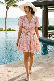 Blossom Pink Puff-Sleeve Bow-Belted Mini Dress
