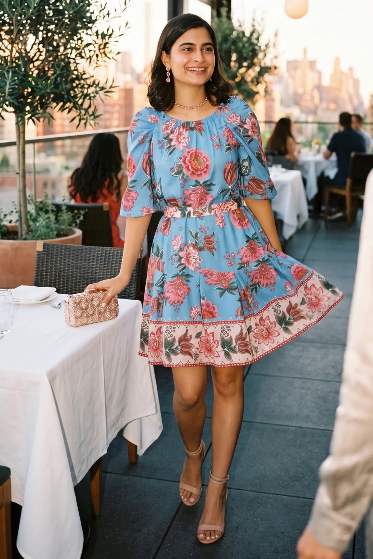 Woman twirling at a rooftop restaurant wearing Pretty Pixie's blue floral puff-sleeve belted mini dress