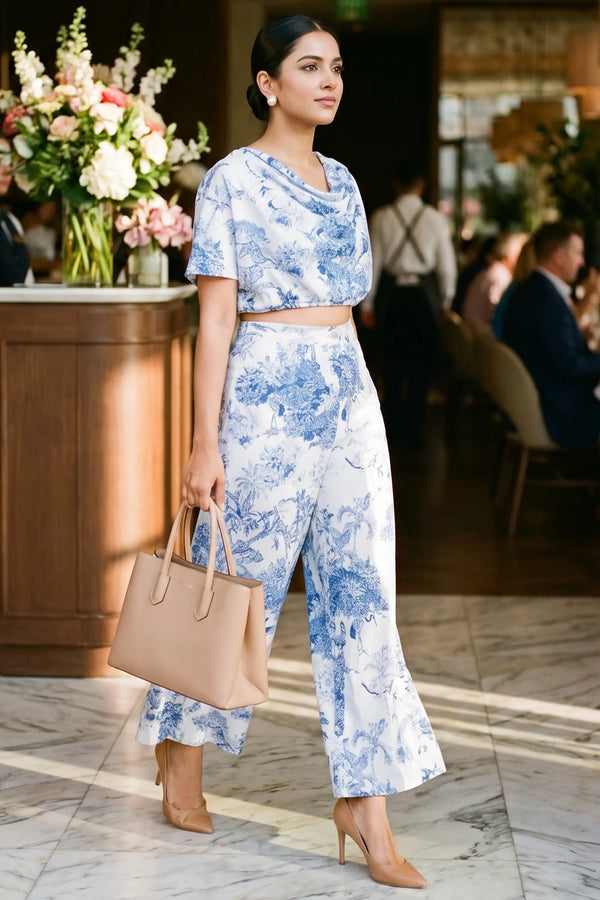 Blue Toile Cowl Crop Top & Palazzo Pants Co-Ord Set — view 1
