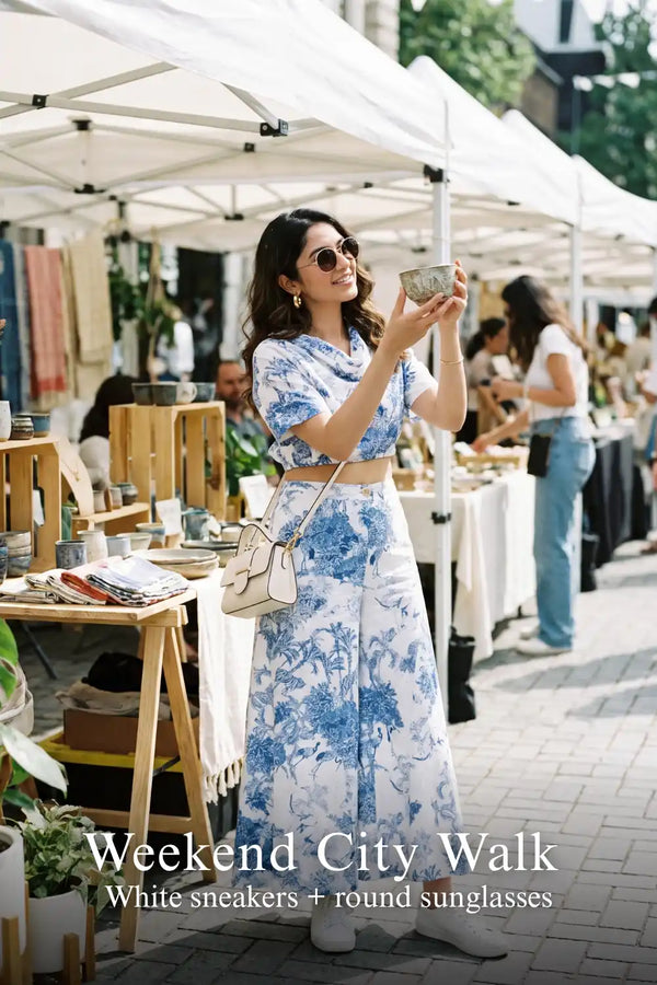Blue Toile Cowl Crop Top & Palazzo Pants Co-Ord Set — view 4