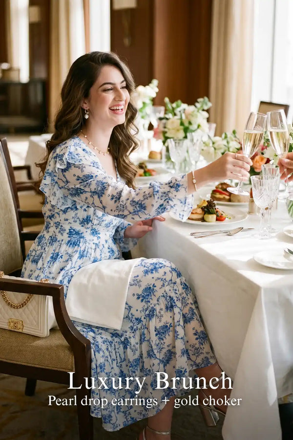Light Blue Toile Floral Ruffle V-Neck Midi Dress — view 4