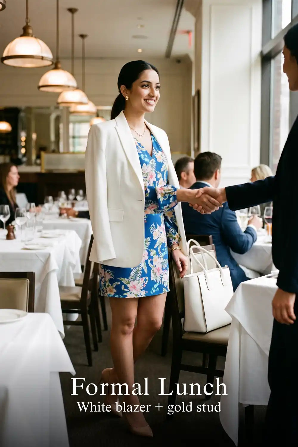 Woman in Pretty Pixie blue floral v-neck belted long-sleeve mini dress styled for a formal lunch