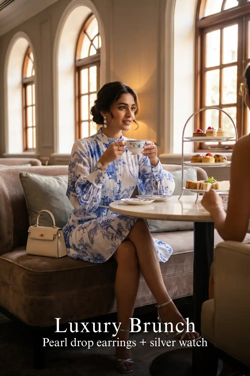 Woman in Pretty Pixie indigo toile button-front belted tiered mini dress styled for a luxury brunch