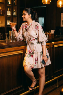 Blush Floral Belted Puff-Sleeve Mini Dress